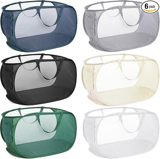 6 Pcs Durable Collapsible Laundry Baskets, Foldable Laundry Basket Large Opening, Pop Up Laundry Hamper with Pocket, Clothes Hamper with Handles for Laundry, Bathroom, Kids Room, Dorm or Trave