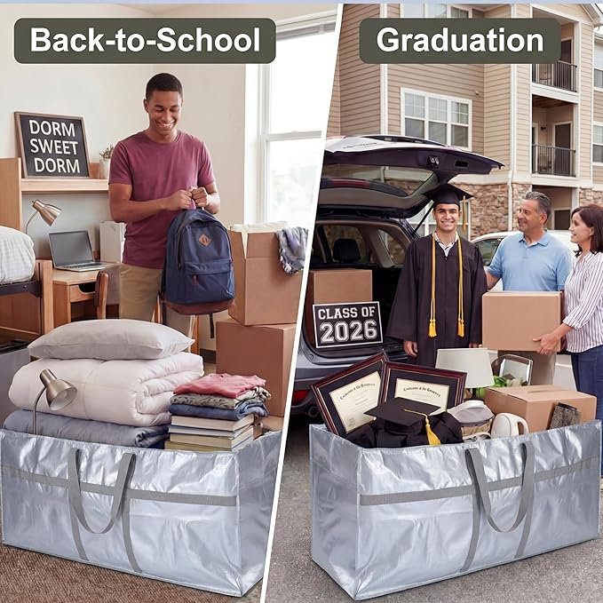 6 Pcs 66 Gallon Extra Large Moving Bags Heavy Duty Storage Bag with Strong Zipper Handle Foldable XXL Jumbo Storage Tote Packing Moving Box for College Dorm Travel Cloth Duffle (Silver)