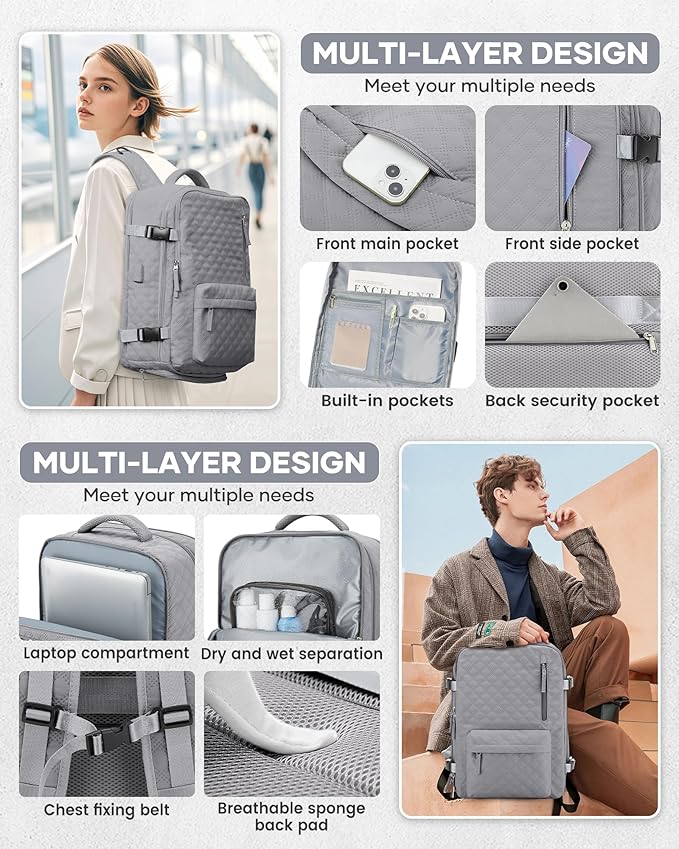 Travel Vacuum Storage Backpack with Air Pump Vacuum Seal Compression Space Saver Bags Clothing Vacpack 18x14x8 inches Travel Bag Carry on Personal item Laptop Work Backpacks Women Men Grey