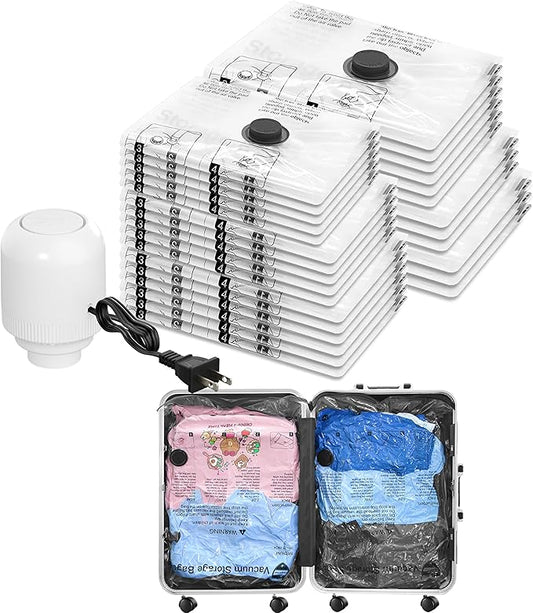 Vacuum Seal Bags for Clothing Travel and Home Storage, Travel Vacuum Bags with Electric Pump, Space Saver Compression Packing Cubes for Luggage Suitcase Bedding Blankets Clothes, 28 Combo