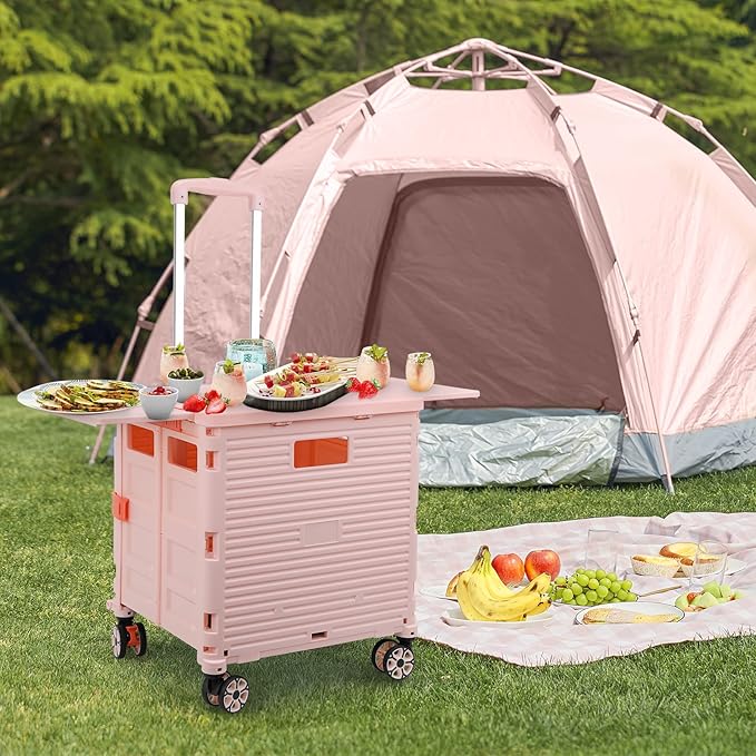 FELICON SELORSS Folding Utility Cart Portable Rolling Crate Handcart with Magnetic Sliding Lid Telescoping Handle Plastic Box Dolly 360°Swivel Wheels for Travel Shop Move Office Teacher Use(Pink Pro)