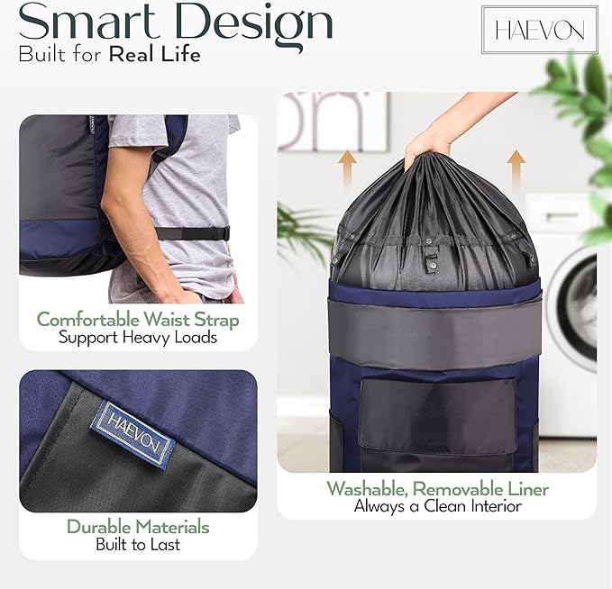 HAEVON Laundry Backpack - 131L Heavy Duty Laundry Bag with Padded Shoulder & Waist Straps, Removable Liner - College, Dorm, Apartment, Travel, Outdoor - Big Laundry Bag for Easy Carrying (Blue Black)