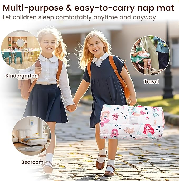 PHF Mermaid Toddler Nap Mat Set, with Removable Pillow for Toddler Girls, Soft and Lightweight for Daycare, Preschool, Travel, Kindergarten Sleeping Bag, Fits Ages 3-6 Years, Mermaid