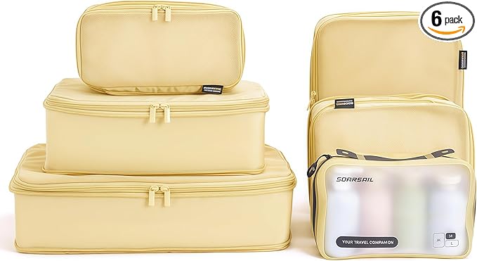 6 Set Compression Packing Cubes for 7–14 Day Travel, Durable Nylon Oxford Luggage Organizers with IP6X Waterproof Toiletry Bag, Expandable Suitcase Packing System (Bright Yellow)