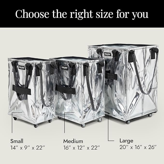 HULKEN (Medium, Silver) Reusable Grocery Bag On Wheels, Shopping Trolley, Rolling Tote, Zipper Closure, Lightweight, Carries Up to 66 lb, Folds Flat, Unbreakable Handles