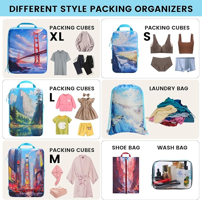 PFEYRPK Lightweight Compression Packing Cubes for Suitcases, Compressible Expandable Travel Packing Organizer with Clear Toiletries and Backpack Bag, Travel Essentials for Carry on Luggage 7 Set