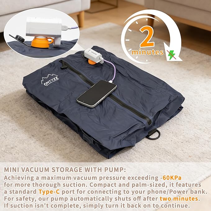 ONTYZZ Vacuum Bags for Travel, IPX8 Waterproof Space Saver Vacpack, GRS Certified Recycled Compression Bag with Pump (2PC Drak Blue)