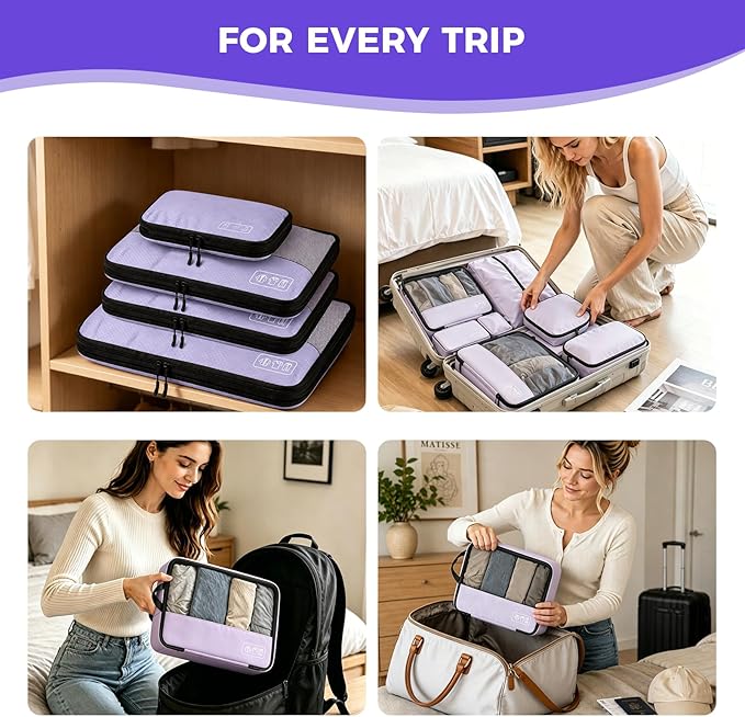 8-Piece Compression Packing Cubes for Travel, Elegant Ultralight Luggage Organizer Set for Women, Space Saving for Carry-On, Suitcase & Vacation Cruise Travel - Purple