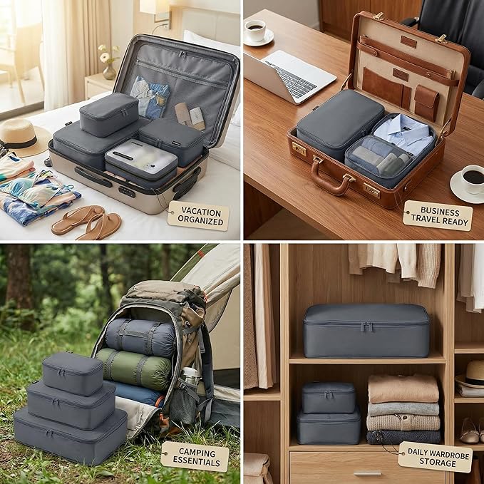 6 Set Compression Packing Cubes for 7–14 Day Travel, Durable Nylon Oxford Luggage Organizers with IP6X Waterproof Toiletry Bag, Expandable Suitcase Packing System (Charcoal Gray)