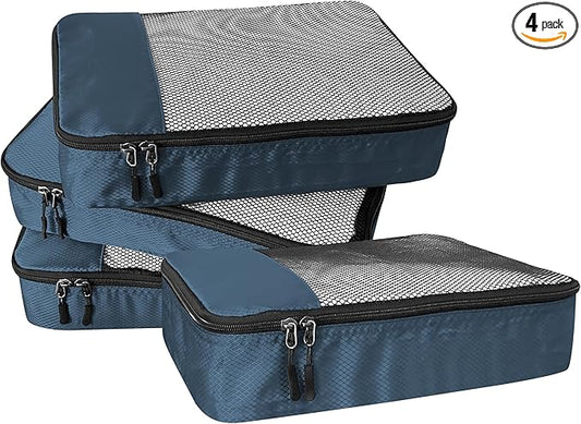 WTREE 4-Piece Packing Cubes Travel Accessories Set for Suitcases - Luggage Organizer Bags with Double Zipper - Mesh Top - Medium - Dark Blue