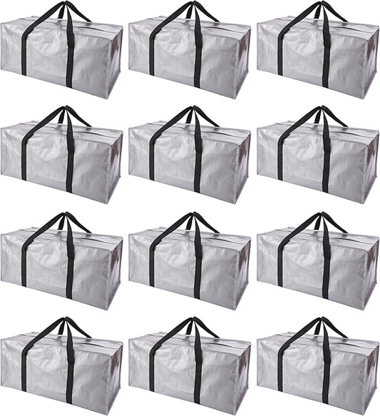 PANDA JOYS Extra Large Moving Bags with Zippers & Carrying Handles, Heavy-Duty Storage Tote for Space Saving Moving Storage, Fold Flat, Alternative to Box and Bin - 12 Pack, Silver