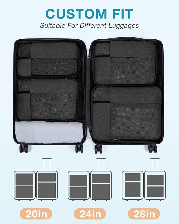 BAGSMART Compression Packing Cubes for Travel, 6 Set Packing Cubes for Carry on Suitcases, Compression Travel Cubes & Suitcase Organizer for Packing with Shoe Bag Black