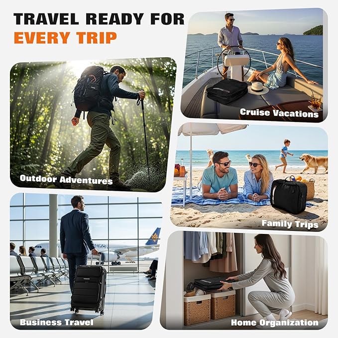Vacuum Bags for Travel with Wired Pump, Travel Compression Bags for Clothes, 180° Open Zipper, Save 80% Space, IP68 Waterproof Travelpack Vacuum Kit for Luggage, Suitcase, Home Storage (2 Pack + Pump)