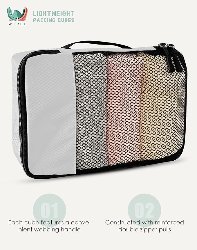 WTREE 4-Piece Packing Cubes Travel Accessories Set for Suitcases - Luggage Organizer Bags with Double Zipper - Mesh Top - Medium - Beige