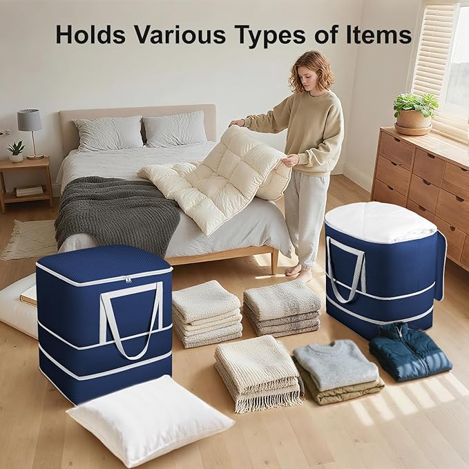 Comforter Storage Bag - 120L Bedding Storage Bags for Moving Closet, Washable Blanket Storage Bag, Ultra Space Saving Self Compression Organizer, 4-Pack, Navy Blue