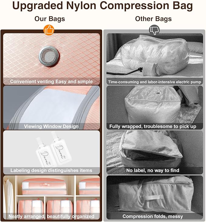 Homsorout 2 Pack Compression Storage Bags - 110L Large Capacity Comforter Storage Bag, 3-Layer Washable Ultra Space Saving Self Compression Organizer Space Bags for Blankets, Sweaters, Sheets, Pink