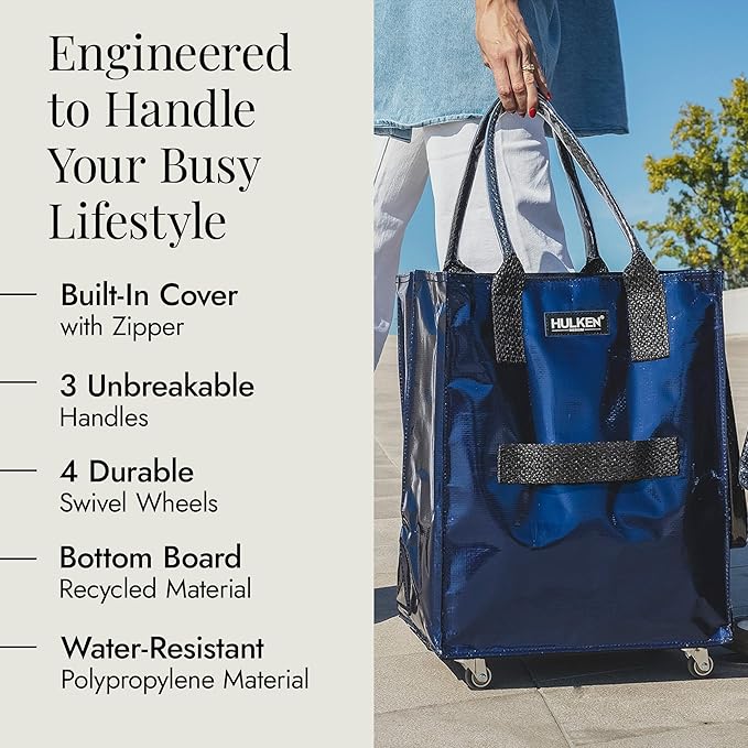 HULKEN - (Medium, Midnight Blue) Reusable Grocery Bag On Wheels, Shopping Trolley, Rolling Tote, Zipper Closure, Lightweight, Carries Up to 66 lb, Folds Flat, Unbreakable Handles