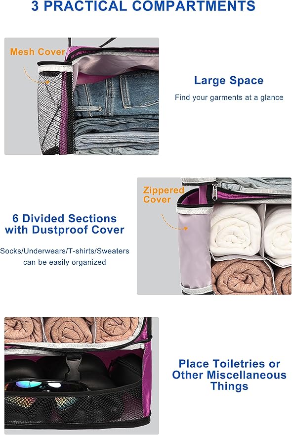 ELEZAY Hanging Packing Cubes Portable Closet 3-Shelf Travel Collapsible Compression Garment Organizer for Carry-on Luggage Suitcase Space Saver Bag X-Large_No Side Pockets, Purple