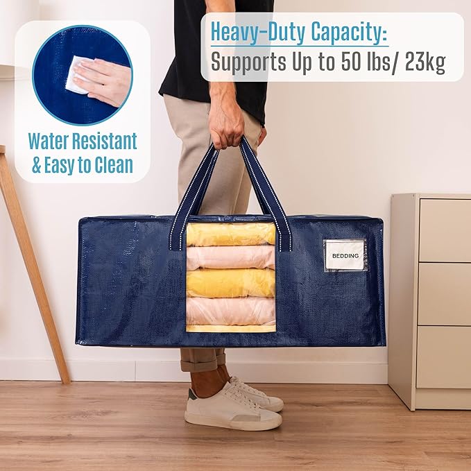 VENO 6 Pack Heavy Duty Moving Bags, Packing Bags with Clear Window, Alternative to Moving Boxes, Storage Bins for Clothes, Blankets, Comforters, College Dorm Essentials (Blue, 6 Pack)