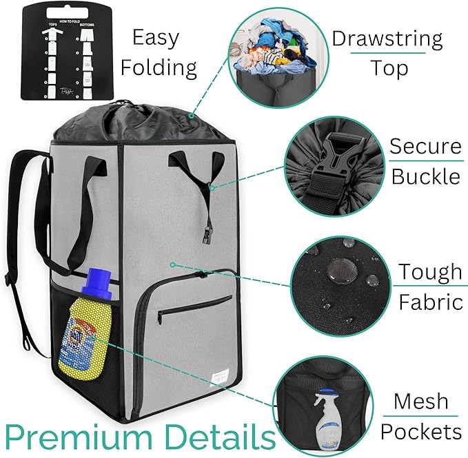 Terra Home Portable Extra Large Laundry Bag, College Dorms Apartment Essentials with Chest Strap, Shirt Folding Board Collapsible Foldable Laundry Bag, Clothes Hamper College Student Gifts (Grey)