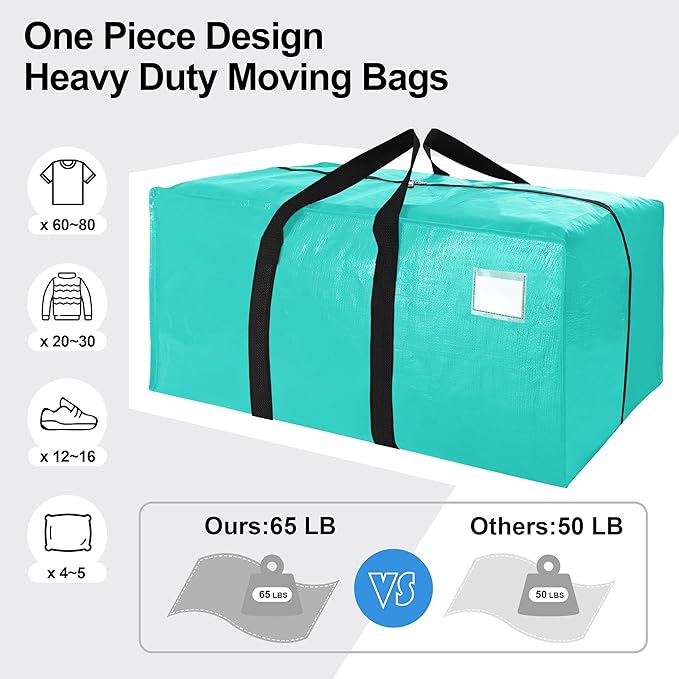 VELVETSURE 6 Pack Heavy Duty Large Moving Bags W/Backpack Straps - Strong Handles & Zippers, Storage Totes For Space Saving, Fold Flat, Alternative to Moving Box and Storage Bin, Aquamarine