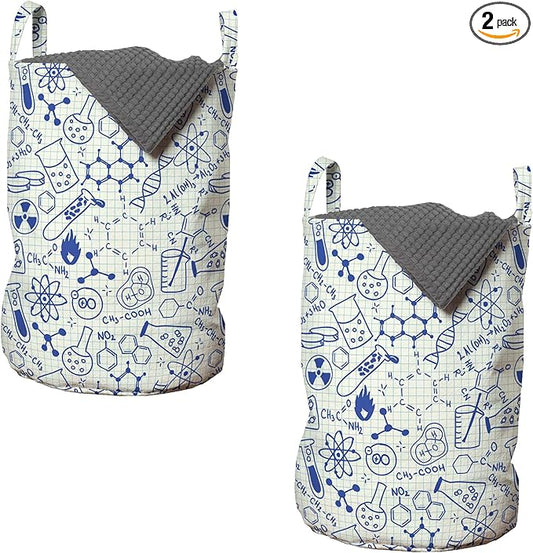 Ambesonne Cartoon Laundry Bag Pack of 2, Science Chemistry Geometry Math Nerd Geek and Genius Themed Design Art, Hamper Basket with Handles Drawstring Closure, 13" x 19", Blue and Ivory