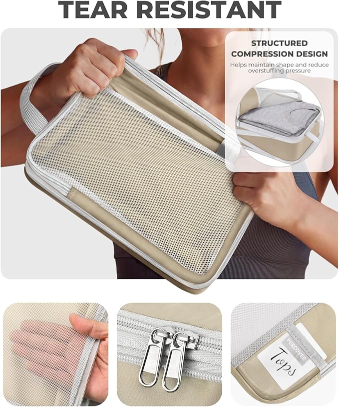 Percover Compression Packing Cubes for Travel, 10-Piece Structured Compression Organizer Set with Toiletry Bag, Laundry Bag & Shoe Bag for Carry-On & Checked Luggage, Camel