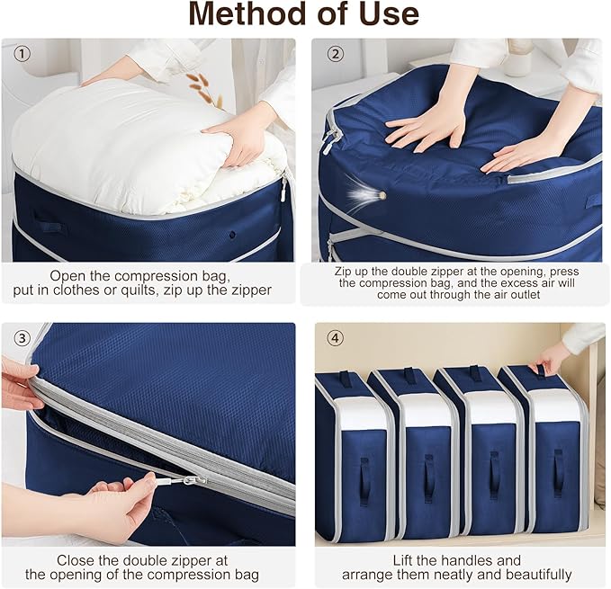 Homsorout 4 Pack Compression Storage Bags - 110L Large Capacity Comforter Storage Bag, 3-Layer Washable Ultra Space Saving Self Compression Organizer Space Bags for Blanket, Sweater, Sheet, Navy Blue