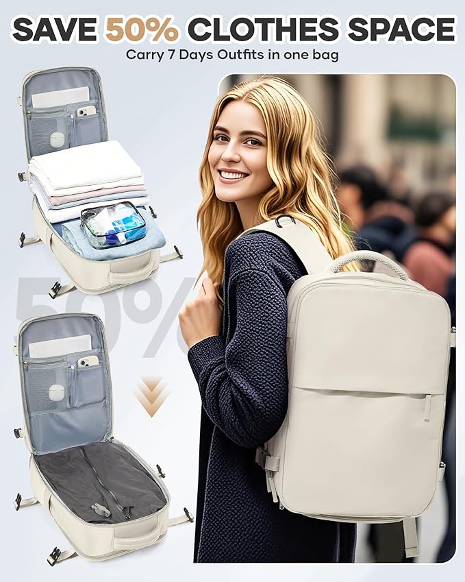 WONHOX Vacuum Seal Travel Backpack with Air Pump,Compression Vacpack Waterproof Carry On Backpack for Travel Women Men with Vacuum System,Airlines Approved Daypack Laptop Space Saver Bags,Beige