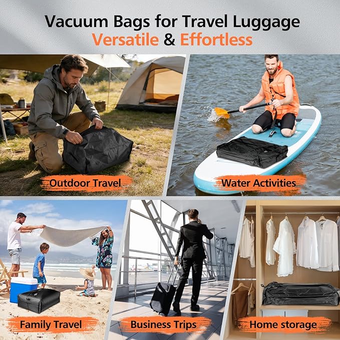 Vacuum Bags for Travel Luggage with Wireless Pump,29L Large Capacity,IP67 Waterproof,Reusable Vacuum Compression Travel Bags for Hiking & Camping,Suitcase,Home Storage(2Pack+Pump)