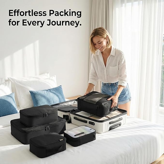 6 Set Compression Packing Cubes for 7–14 Day Travel, Durable Nylon Oxford Luggage Organizers with IP6X Waterproof Toiletry Bag, Expandable Suitcase Packing System (Jet Black)