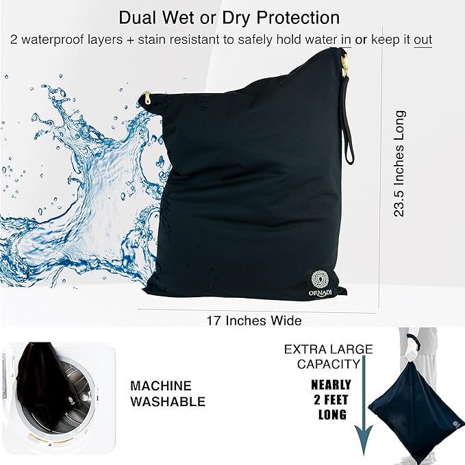 Ornadi X Large Waterproof Antimicrobial Travel Wet Dry Laundry Bag Inhibits Bacteria & Odor from Swimsuits & Towels, Sweaty Gym Shoes, Dirty Clothes Protects Luggage Made in USA 17 x 23.5”