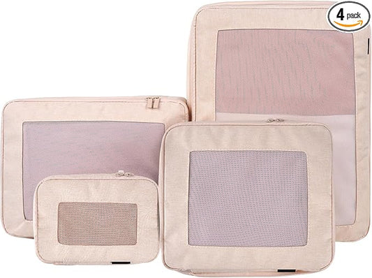 Compression Packing Cubes for Travel, 4-Pack Luggage Organizer Bags with Double Zipper, Breathable Mesh & Nylon Twill, Grey Suitcase Organizers for Efficient Packing(Beige)