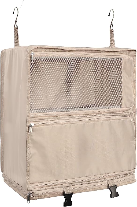 ELEZAY Hanging Packing Cubes Portable Closet 3-Shelf Travel Collapsible Compression Garment Organizer for Carry-on Luggage Suitcase Space Saver Bag XX-Large_No Side Pockets, Beige