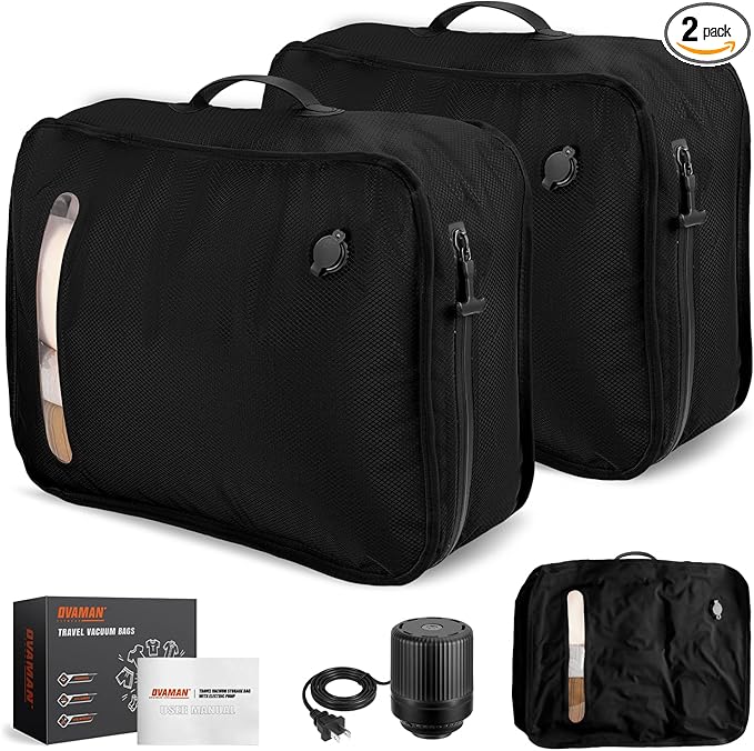 Vacuum Bags for Travel with Wired Pump, Travel Compression Bags for Clothes, 180° Open Zipper, Save 80% Space, IP68 Waterproof Travelpack Vacuum Kit for Luggage, Suitcase, Home Storage (2 Pack + Pump)