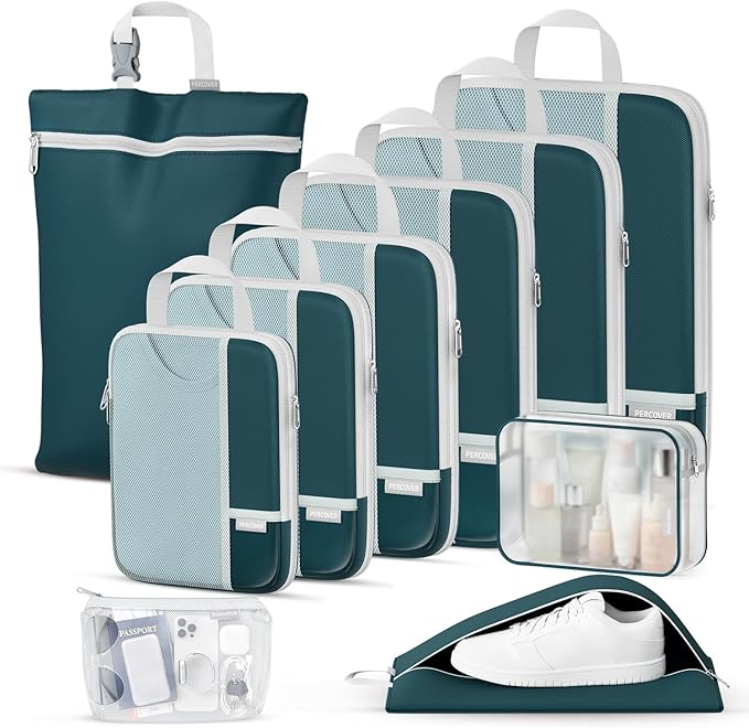 Percover Compression Packing Cubes for Travel, 10-Piece Structured Compression Organizer Set with Toiletry Bag, Laundry Bag & Shoe Bag for Carry-On & Checked Luggage, Peacock Green
