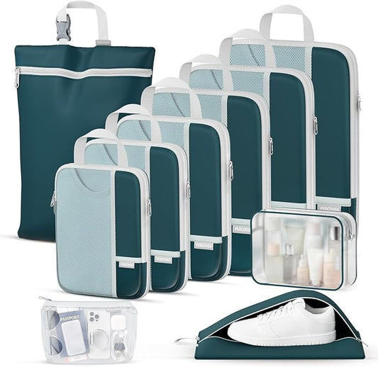 Percover Compression Packing Cubes for Travel, 10-Piece Structured Compression Organizer Set with Toiletry Bag, Laundry Bag & Shoe Bag for Carry-On & Checked Luggage, Peacock Green