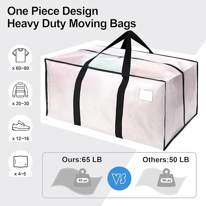 VELVETSURE 6 Pack Heavy Duty Large Moving Bags W/Backpack Straps - Strong Handles & Zippers, Storage Totes For Space Saving, Fold Flat, Alternative to Moving Box and Storage Bin, Semi-Transparent