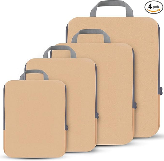 PANDA JOYS 4 Set Compression Packing Cubes Travel - Travel Accessories Expandable Packing Organizers for Carry On - Essentials Luggage Bags - Brown