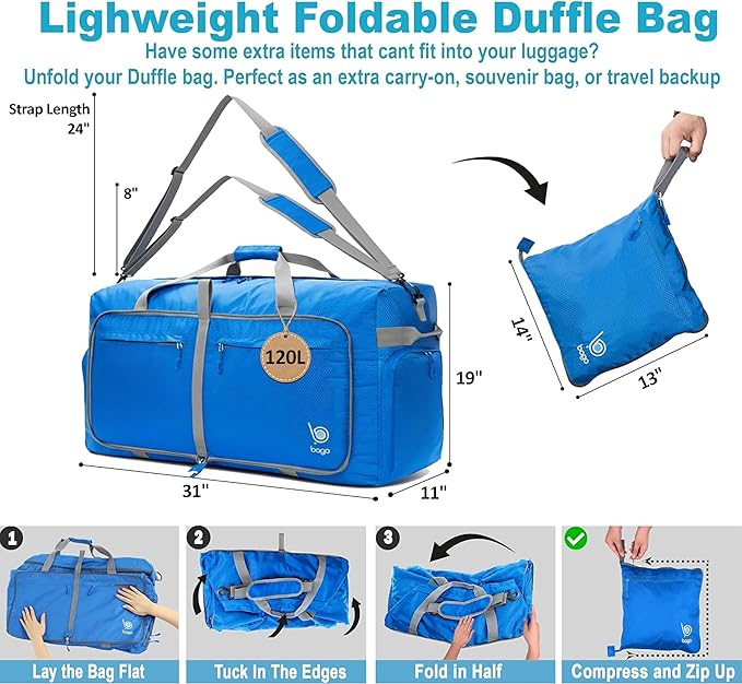 Bago Extra Large Duffle Bag for Travel Women & Men. Durable, Lightweight, Foldable Travel Duffel Bags For Traveling Women. 120L Duffle Bags Use As a Weekender Bag with Shoe Compartment, Checked Duffel