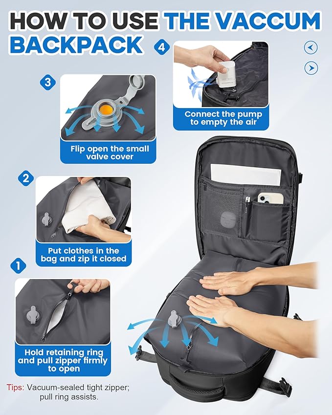 WONHOX Vacuum Seal Travel Backpack with Air Pump Compression Vacpack Waterproof Carry On Backpack for Travel Women men with Vacuum System Laptop Airlines Approved Daypack Space Saver Bags Black