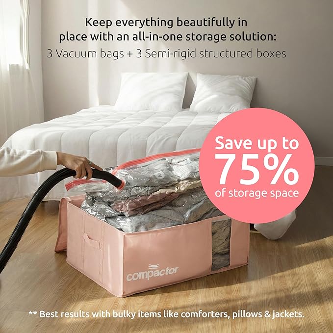 Compactor Vacuum Storage Bag with Semi-Rigid Box, Closet Organizer, Vacuum Seal Bags for Clothing and Bedding, Fits All Vacuum and Nozzle Types, 210L, Pink, XXL