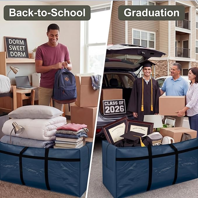 4 Pcs 66 Gallon Extra Large Moving Bags Heavy Duty Storage Bag with Strong Zipper Handle Foldable XXL Jumbo Storage Tote Packing Moving Box for College Dorm Travel Cloth Duffle (Ocean)