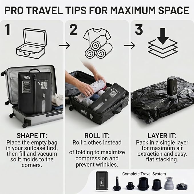 Travel Vacuum Bags with Electric Pump - 2 Pack Space Saver Compression Kit for Luggage, Portable Storage for Clothing and Suitcases, Includes USB Rechargeable Sealer