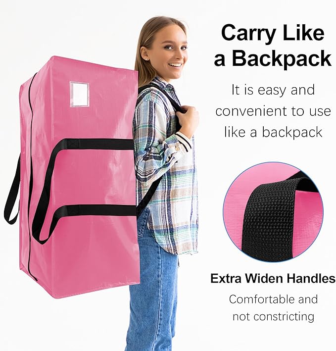 6 Pack Heavy Duty Extra Large Moving Bags W/Backpack Straps - Strong Handles & Zippers, Storage Totes For Space Saving, Fold Flat, Alternative to Box and Bin (40 gal, Pink)