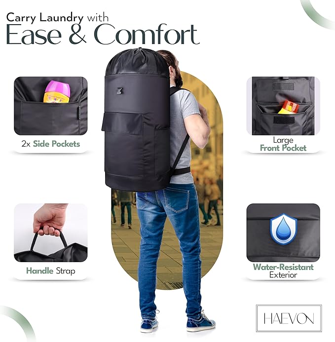 Haevon Laundry Backpack - 131L Heavy Duty Laundry Bag with Padded Shoulder & Waist Straps, Removable Liner - College, Dorm, Apartment, Travel, Outdoor - Big Laundry Bag for Easy Carrying (Black)