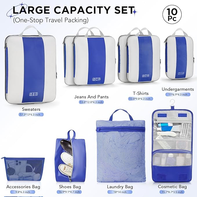 10 Set Compression Packing Cubes for Travel Essentials,Compressible Expandable Packing Cubes for Suitcase,OlarHike Luggage Organizer Bags for Travel,Handy Helper for Organizing Clothes(Klein Blue)