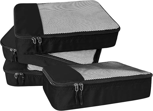 WTREE 4-Piece Packing Cubes Travel Accessories Set for Suitcases - Luggage Organizer Bags with Double Zipper - Mesh Top - Medium - Black