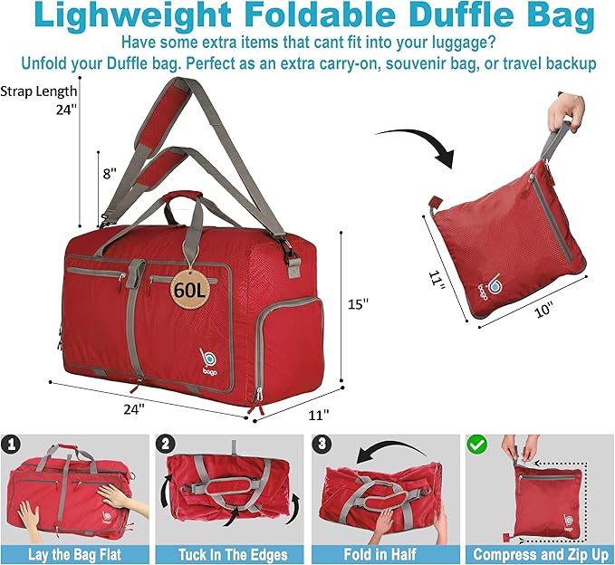 Bago Medium Duffle Bag for Travel Women & Men. Durable Lightweight Foldable Travel Duffel Bags For Traveling Women. 60L Duffle Bags For Overnight Bag With Shoe Compartment Collapsible Weekender duffel