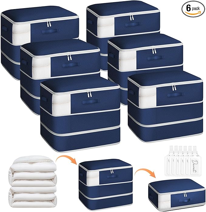 Homsorout 6 Pack Compression Storage Bags - 110L Large Capacity Comforter Storage Bag, 3-Layer Washable Ultra Space Saving Self Compression Organizer Space Bags for Blankets, Sweater, Sheet, Navy Blue